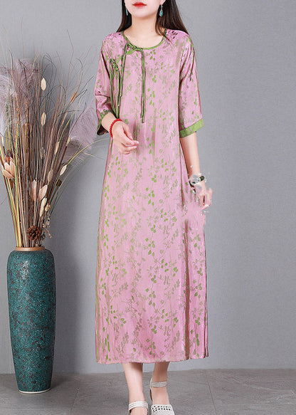 Jacquard Pink O-neck Print Button Silk Long Dress Half Sleeve
