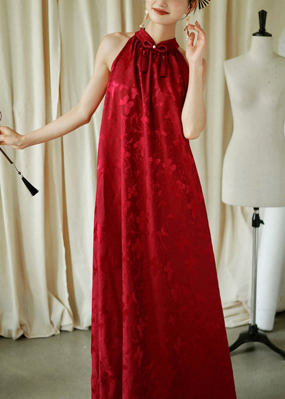 Jacquard Red Bow Loose Cotton Maxi Dresses Sleeveless