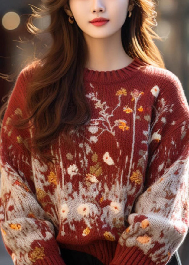 Jacquard Red O-neck Cozy Loose Knit Sweater Winter