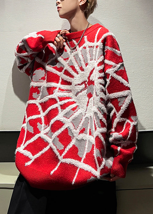 Jacquard Red O Neck Spider Cozy Cotton Knit Sweater Winter