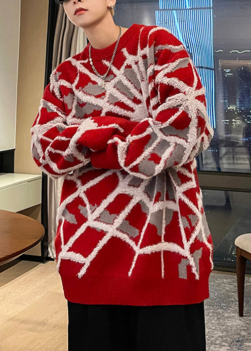 Jacquard Red O Neck Spider Cozy Cotton Knit Sweater Winter