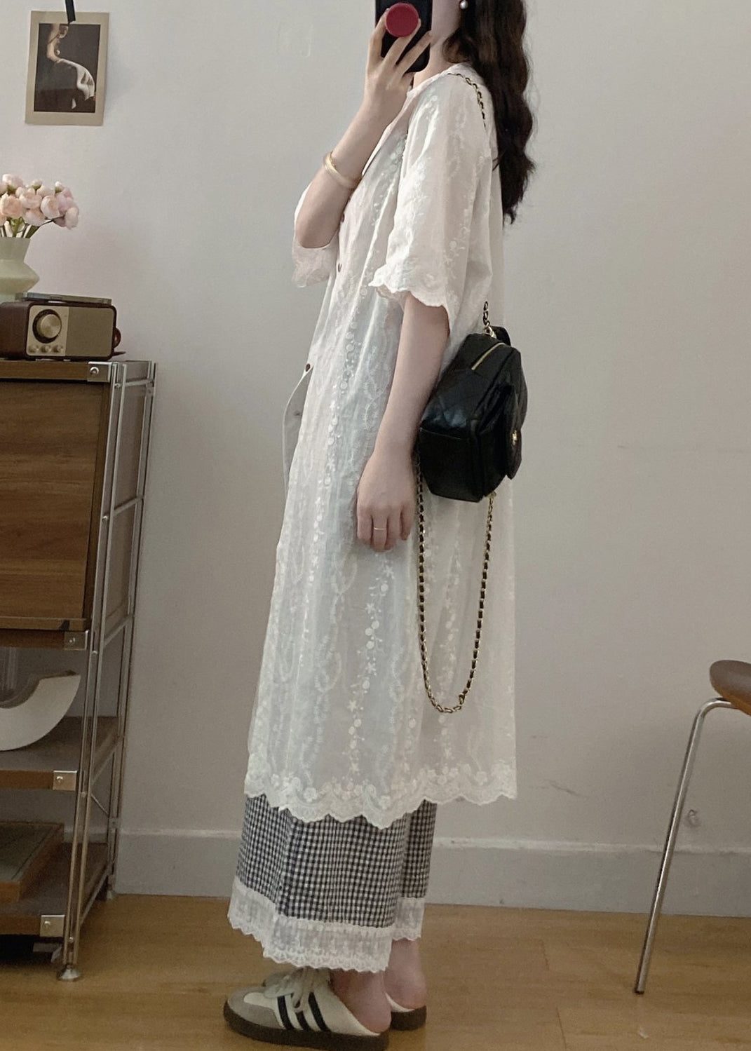 Jacquard White Button Shirt Dress and Plaid Wide Leg Pants Cotton Two Piece Set Half Sleeve