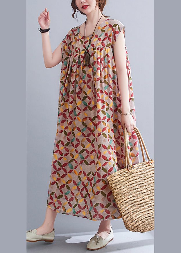 Khaki Cotton Original Dresses O-neck Wrinkled Short Sleeve