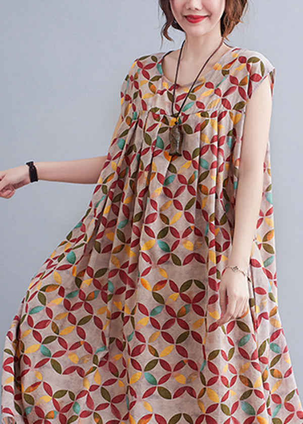 Khaki Cotton Original Dresses O-neck Wrinkled Short Sleeve