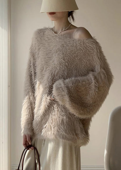 Khaki Cozy Loose Mink Velvet Spring Sweaters O-neck
