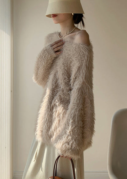 Khaki Cozy Loose Mink Velvet Spring Sweaters O-neck