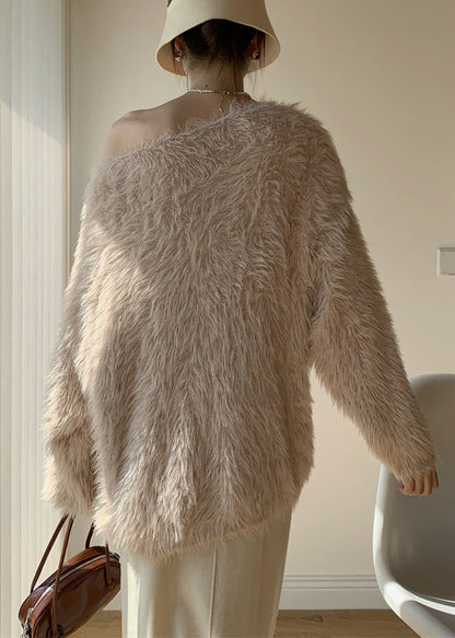 Khaki Cozy Loose Mink Velvet Spring Sweaters O-neck