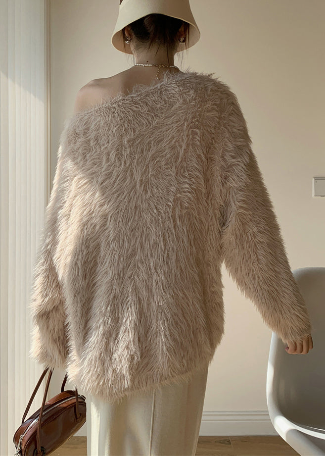 Khaki Cozy Loose Mink Velvet Spring Sweaters O-neck