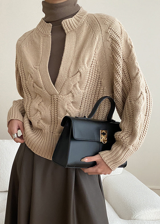 Khaki Cozy Knit Sweaters V Neck Fall