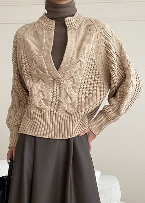 Khaki Cozy Knit Sweaters V Neck Fall