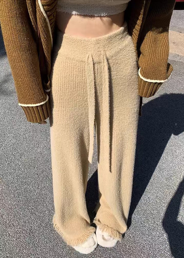 Khaki Elastic Waist Mink Hair Knitted Flare Bottoms Tasseled