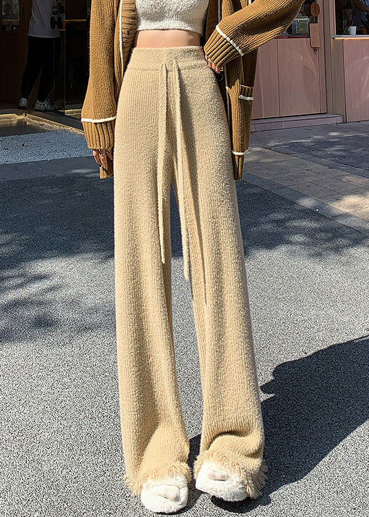 Khaki Elastic Waist Mink Hair Knitted Flare Bottoms Tasseled