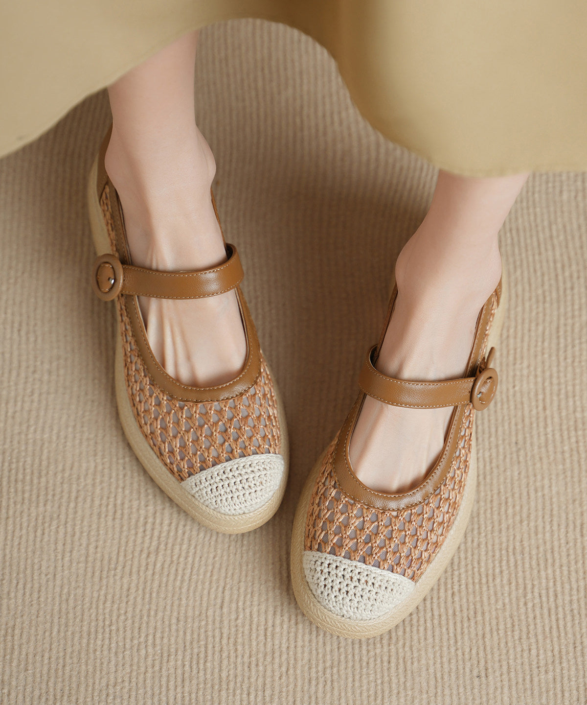 Khaki Flats Knit Fabric Comfy Buckle Strap Flat Shoes for