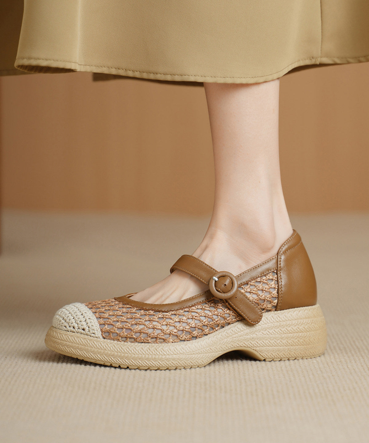 Khaki Flats Knit Fabric Comfy Buckle Strap Flat Shoes for