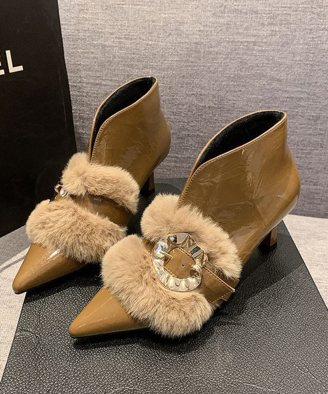Khaki High Heel Faux Leather Fur Splicing Boots