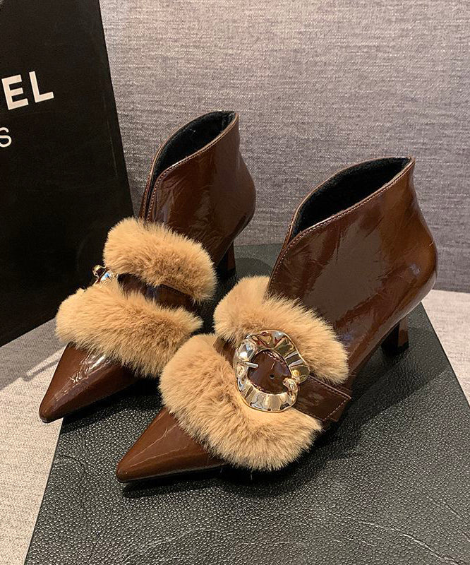 Khaki High Heel Faux Leather Fur Splicing Boots
