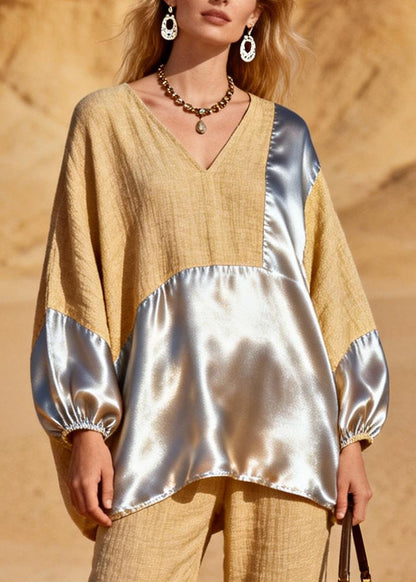 Khaki Loose Tops and Pants Silk Patchwork Two Pieces Set V Neck Spring