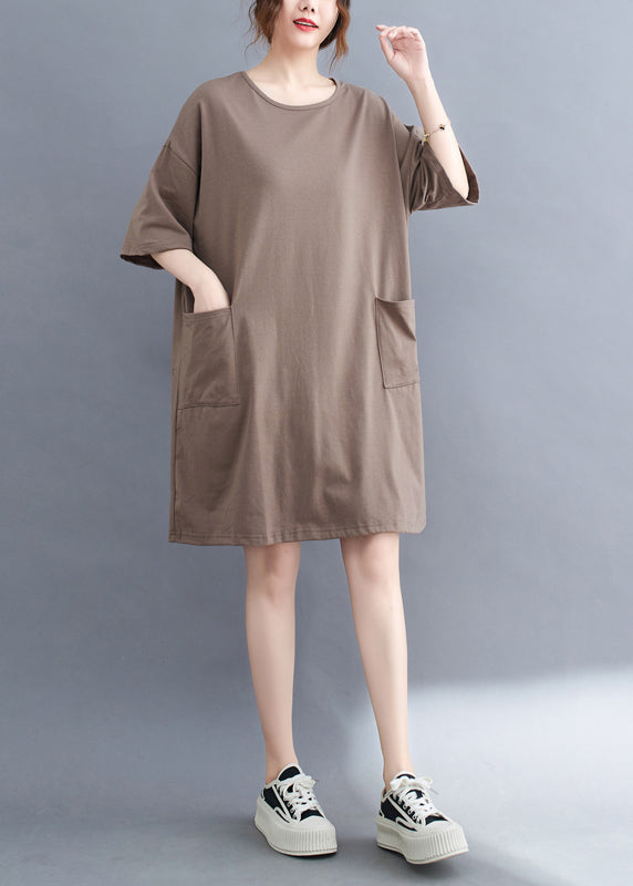 Khaki Oversized Cotton Dress O-neck Pockets Summer