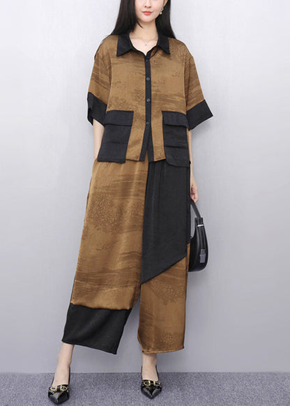 Khaki Patchwork Shirt and Crop Pants Two Pieces Set Short Sleeve