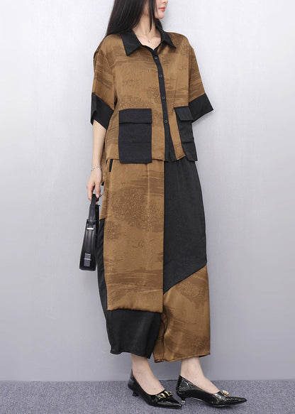 Khaki Patchwork Shirt and Crop Pants Two Pieces Set Short Sleeve