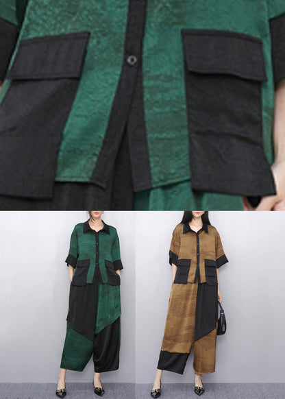Khaki Patchwork Shirt and Crop Pants Two Pieces Set Short Sleeve