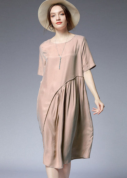 Khaki Patchwork Silk Mid Dress Wrinkled Color Short Sleeve