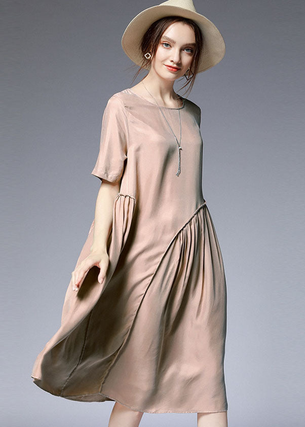 Khaki Patchwork Silk Mid Dress Wrinkled Color Short Sleeve