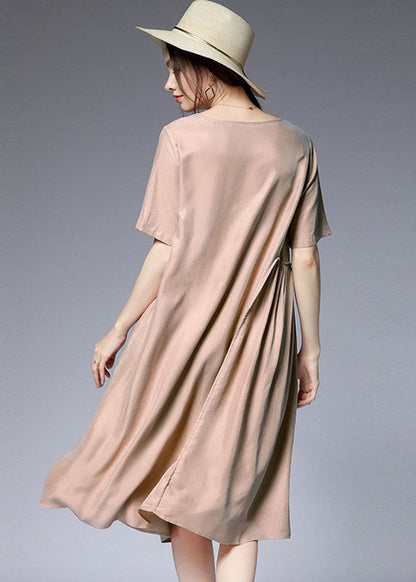 Khaki Patchwork Silk Mid Dress Wrinkled Color Short Sleeve
