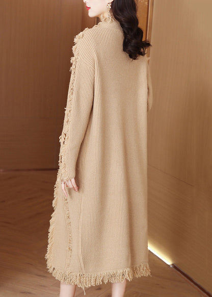Khaki Pockets Knit Winter Loose Cardigans Tasseled