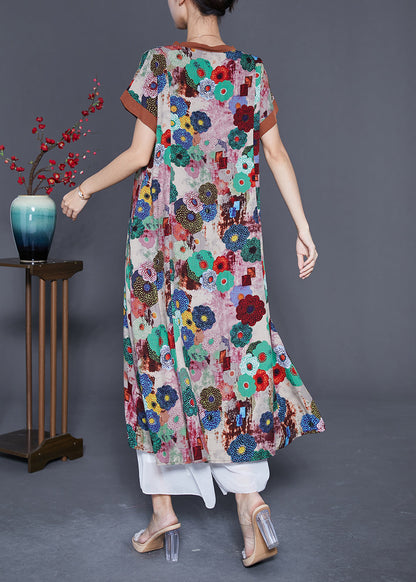 Khaki Print Cotton Long Dress O-neck Summer