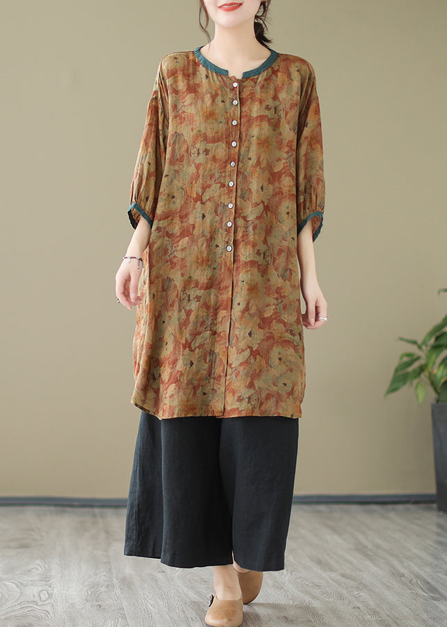 Khaki Print Linen Shirt Dresses O-neck Oversized Lantern Sleeve