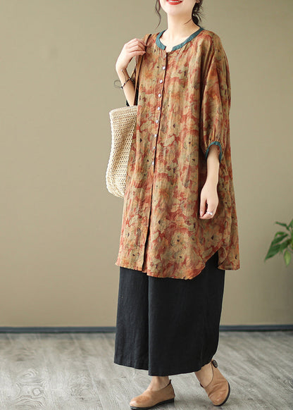Khaki Print Linen Shirt Dresses O-neck Oversized Lantern Sleeve