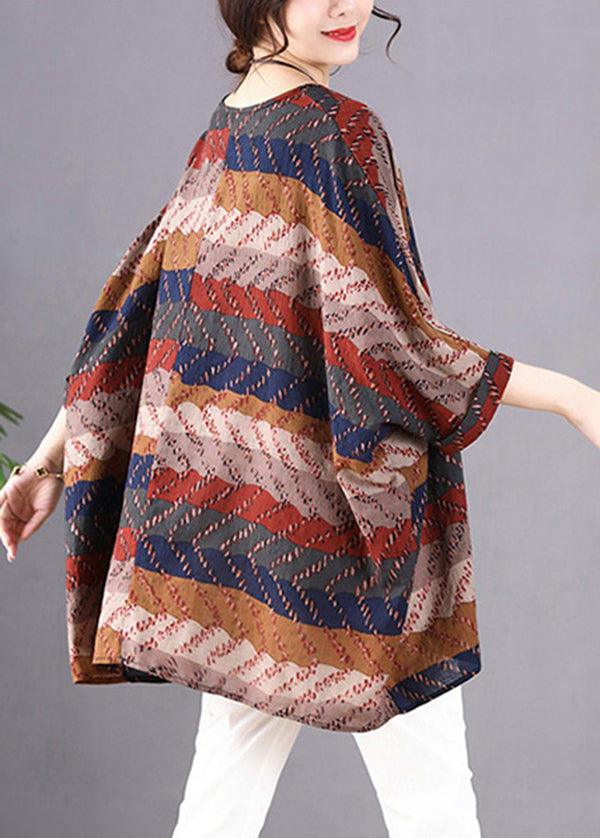 Khaki Print Linen Shirt O-neck Oversized Batwing Sleeve
