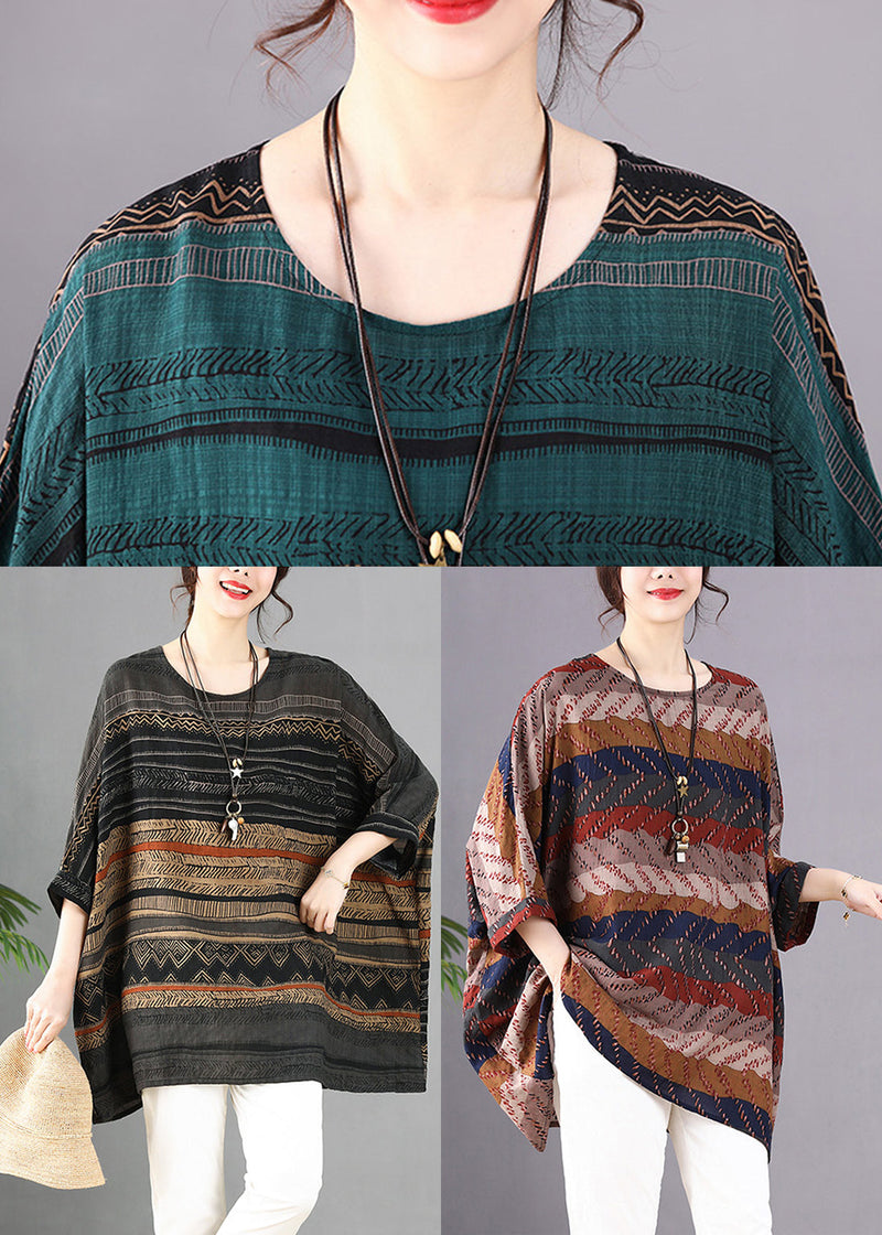 Khaki Print Linen Shirt O-neck Oversized Batwing Sleeve