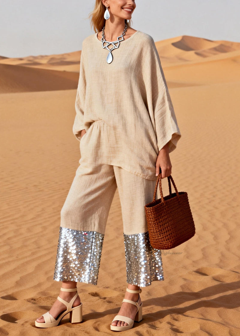 Khaki Sequins Patchwork Tops and Wide Leg Pants Two Pieces Set O Neck Spring