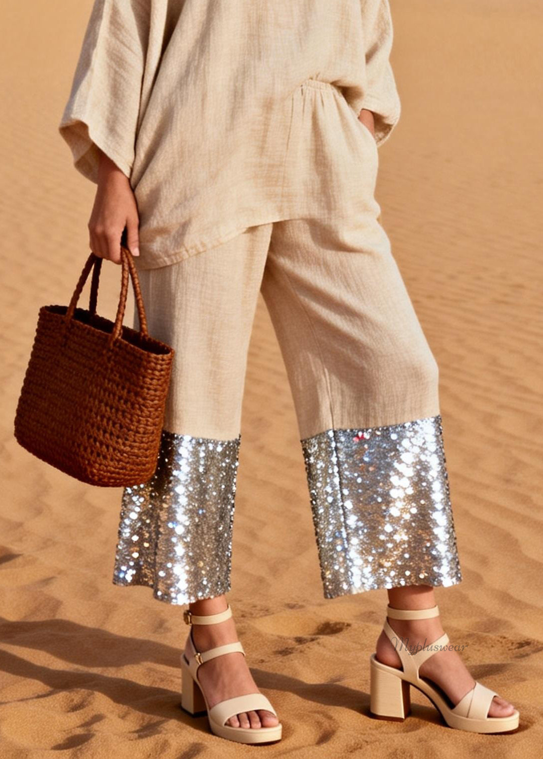 Khaki Sequins Patchwork Tops and Wide Leg Pants Two Pieces Set O Neck Spring