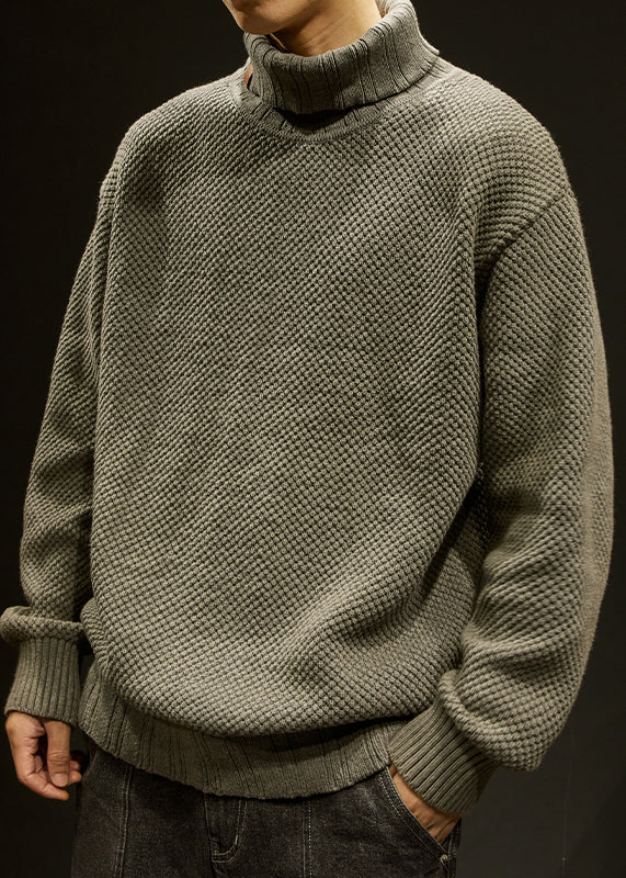 Khaki Cotton Knit Winter Sweater Turtleneck