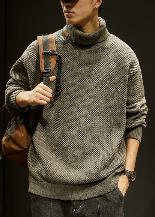 Khaki Cotton Knit Winter Sweater Turtleneck