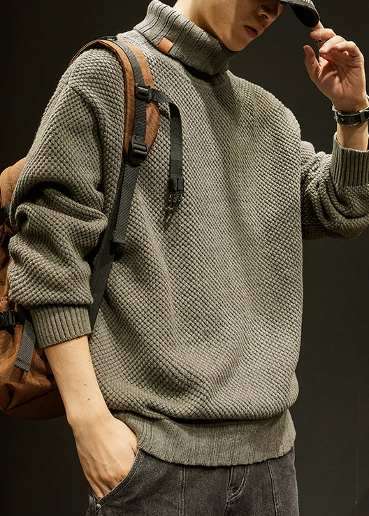 Khaki Cotton Knit Winter Sweater Turtleneck