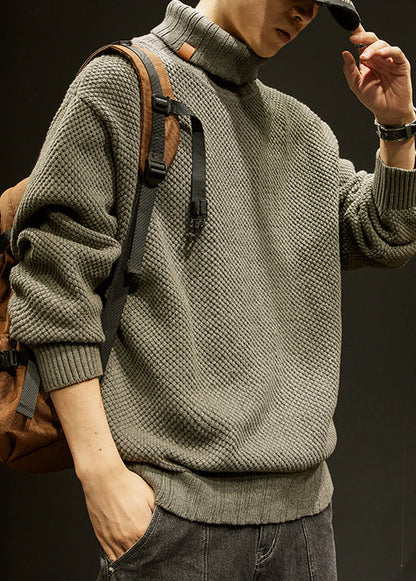 Khaki Cotton Knit Winter Sweater Turtleneck