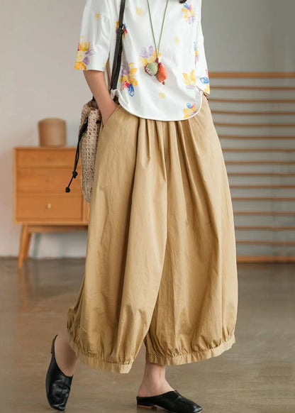 Khaki Pockets Cotton Wide Leg Pants High Waist Summer