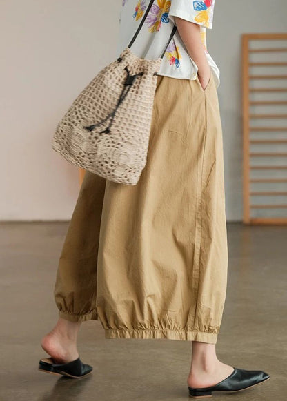 Khaki Pockets Cotton Wide Leg Pants High Waist Summer