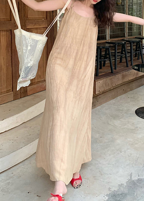Khaki Wear on Both Sides Linen Long Dresses Wrinkled Summer