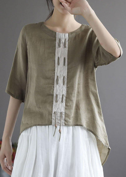 Khaki Low High Design Design Patchwork Summer Linen Shirt Tops