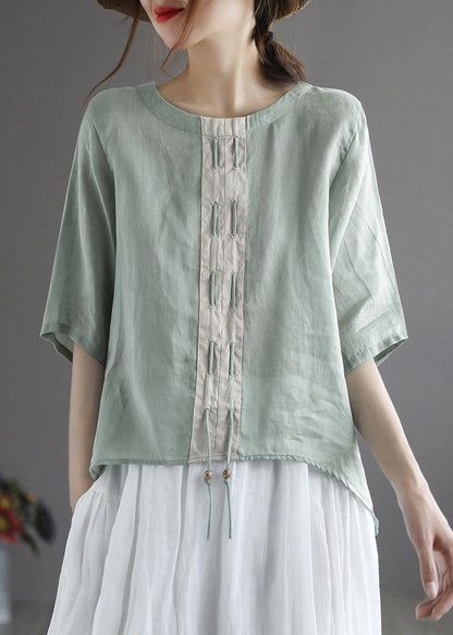 Khaki Low High Design Design Patchwork Summer Linen Shirt Tops