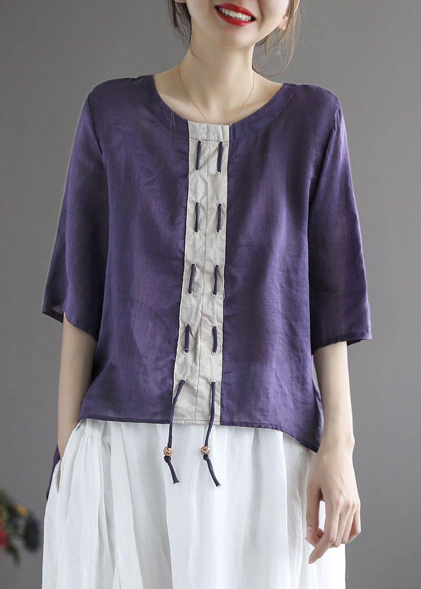 Khaki Low High Design Design Patchwork Summer Linen Shirt Tops