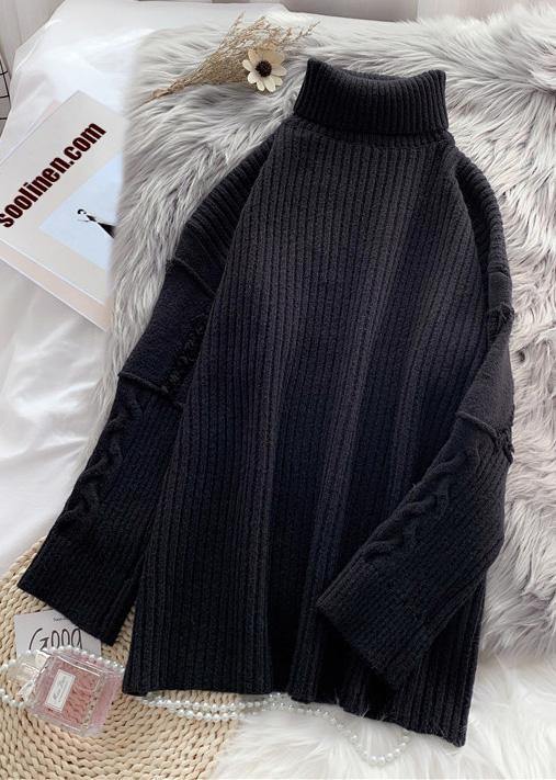 Knitted Black Wild Sweater Outfits Design Warm Oversized High Neck Knit Tops