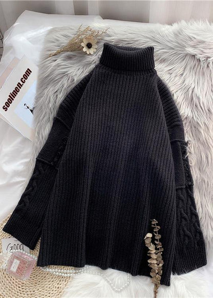 Knitted Black Wild Sweater Outfits Design Warm Oversized High Neck Knit Tops