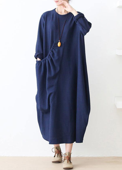 Knitted Blue Sweater Dress Outfit O Neck Pockets Mujer Fall Sweater Dresses