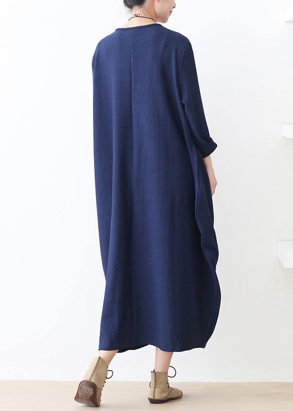 Knitted Blue Sweater Dress Outfit O Neck Pockets Mujer Fall Sweater Dresses